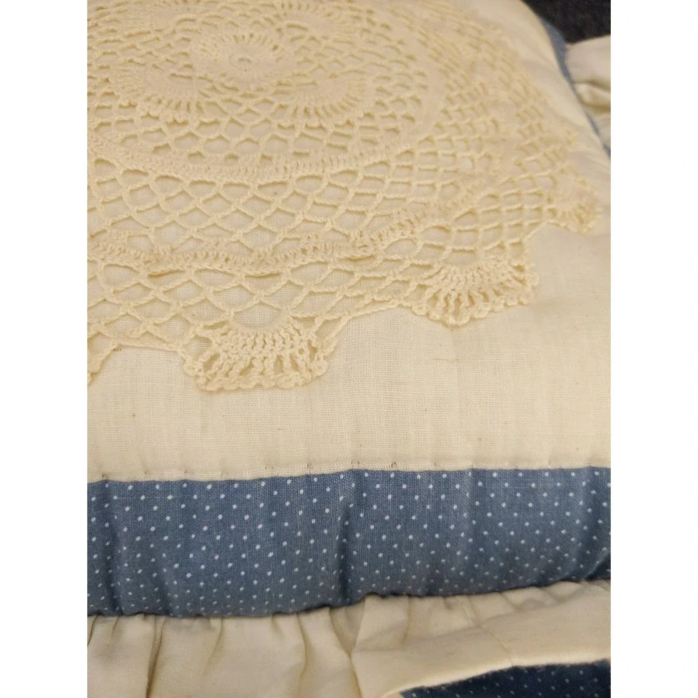 Vintage Accent Pillow Blue White Polka Dot Crochet Doily Ruffle
